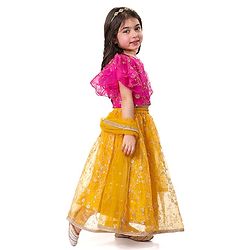 Babyhug Woven Flutter Sleeves Floral Net Embroidered Choli Lehenga & Dupatta Set - Yellow & Pink