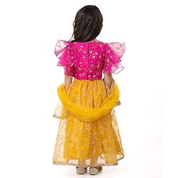 Babyhug Woven Flutter Sleeves Floral Net Embroidered Choli Lehenga & Dupatta Set - Yellow & Pink