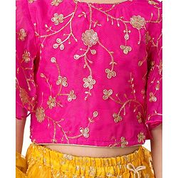 Babyhug Woven Flutter Sleeves Floral Net Embroidered Choli Lehenga & Dupatta Set - Yellow & Pink