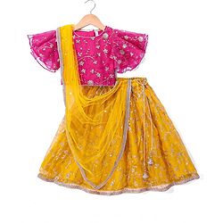Babyhug Woven Flutter Sleeves Floral Net Embroidered Choli Lehenga & Dupatta Set - Yellow & Pink