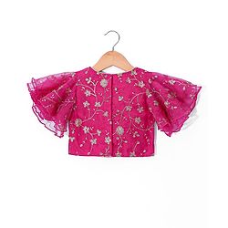 Babyhug Woven Flutter Sleeves Floral Net Embroidered Choli Lehenga & Dupatta Set - Yellow & Pink