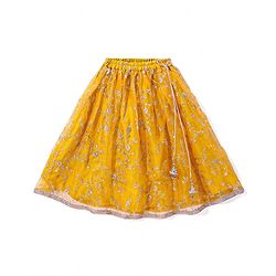 Babyhug Woven Flutter Sleeves Floral Net Embroidered Choli Lehenga & Dupatta Set - Yellow & Pink