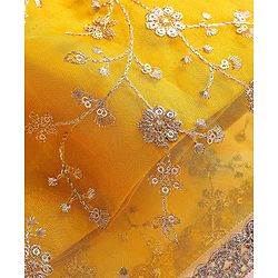 Babyhug Woven Flutter Sleeves Floral Net Embroidered Choli Lehenga & Dupatta Set - Yellow & Pink