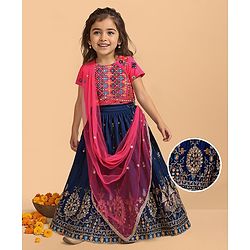 Babyhug Woven Half Sleeves Sequinned & Floral Embroidered Choli With Lehenga & Dupatta - Dark Pink & Navy Blue
