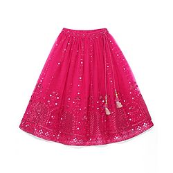Babyhug Woven Flutter Sleeves Sequin Embroidered Choli Lehenga & Dupatta Set with Tassle Detailing - Fuschia