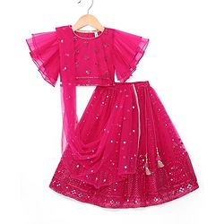 Babyhug Woven Flutter Sleeves Sequin Embroidered Choli Lehenga & Dupatta Set with Tassle Detailing - Fuschia