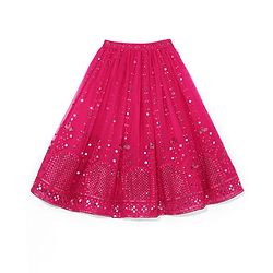 Babyhug Woven Flutter Sleeves Sequin Embroidered Choli Lehenga & Dupatta Set with Tassle Detailing - Fuschia
