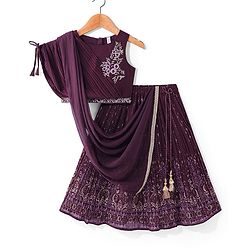 Babyhug Sleeveless Floral Embroidered Choli with Foil Printed Lehenga & Dupatta Set- Wine