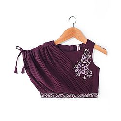 Babyhug Sleeveless Floral Embroidered Choli with Foil Printed Lehenga & Dupatta Set- Wine