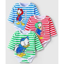 Babyhug Disney Interlock Knit Full Sleeves Striped Onesies with Donald Duck Print Pack of 3 - Red White & Blue