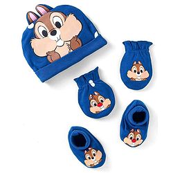 Babyhug Disney Interlock Knit Cap Mittens & Booties With Chip n Dale Applique & 3D Ear Detailing - Navy Blue