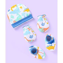 Babyhug 100% Cotton Knit Cap Mittens & Booties with Dino Print - White & Blue
