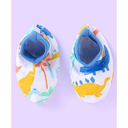 Babyhug 100% Cotton Knit Cap Mittens & Booties with Dino Print - White & Blue