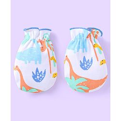 Babyhug 100% Cotton Knit Cap Mittens & Booties with Dino Print - White & Blue