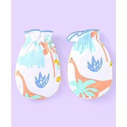 Babyhug 100% Cotton Knit Cap Mittens & Booties with Dino Print - White & Blue
