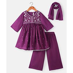 Babyhug Woven Three Fourth Sleeves Floral Embroidery at Yoke  Kurti Palazzo Set with Dupatta - Wine