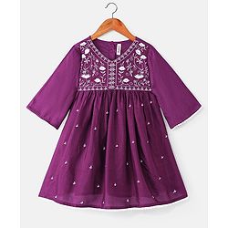 Babyhug Woven Three Fourth Sleeves Floral Embroidery at Yoke  Kurti Palazzo Set with Dupatta - Wine