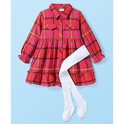 Babyhug Cotton Woven Full Sleeves Front Open Checkered Frock with Leggings - Red