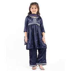 Babyhug Woven Three Fourth Sleeves Kurta Palazzo Set With Dupatta & Floral Embroidery - Navy Blue