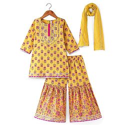 Babyhug Woven Three Fourth  Sleeves Floral Cambric Printed Kurti Gharara & Dupatta Set  - Yellow