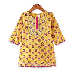 Babyhug Woven Three Fourth  Sleeves Floral Cambric Printed Kurti Gharara & Dupatta Set  - Yellow