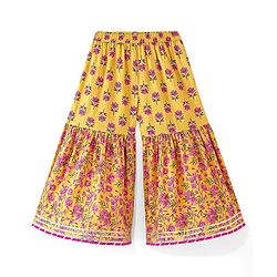 Babyhug Woven Three Fourth  Sleeves Floral Cambric Printed Kurti Gharara & Dupatta Set  - Yellow