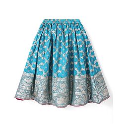 Babyhug Woven Short Sleeves Sequined Embroidered & Foil Floral Printed Choli Lehenga Set with Dupatta & Lace Detailing - Light Blue