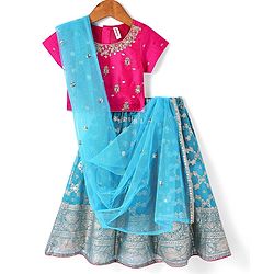 Babyhug Woven Short Sleeves Sequined Embroidered & Foil Floral Printed Choli Lehenga Set with Dupatta & Lace Detailing - Light Blue