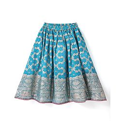 Babyhug Woven Short Sleeves Sequined Embroidered & Foil Floral Printed Choli Lehenga Set with Dupatta & Lace Detailing - Light Blue