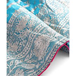 Babyhug Woven Short Sleeves Sequined Embroidered & Foil Floral Printed Choli Lehenga Set with Dupatta & Lace Detailing - Light Blue