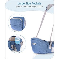 Babyhug Luxe Lift 4-in-1 Ergonomic Hip Seat Carrier: Padded Waist Support, Adjustable Straps, 4 Carrying Positions, Side Storage & Optimal Weight Distribution  For Babies 5 Months+ up to 15 kg - Blue