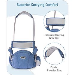 Babyhug Luxe Lift 4-in-1 Ergonomic Hip Seat Carrier: Padded Waist Support, Adjustable Straps, 4 Carrying Positions, Side Storage & Optimal Weight Distribution  For Babies 5 Months+ up to 15 kg - Blue