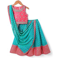 Babyhug Woven Sleeveless Choli Lehenga & Dupatta Set with Foil Print - Pink & Aqua Blue