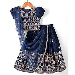 Babyhug Woven Short Puffed Sleeves Floral Embroidered Choli With Lehenga & Dupatta Set - Teal Blue