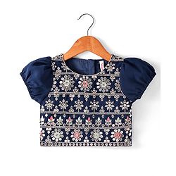 Babyhug Woven Short Puffed Sleeves Floral Embroidered Choli With Lehenga & Dupatta Set - Teal Blue