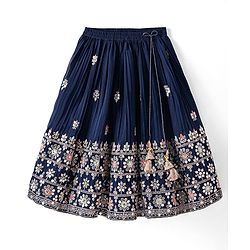 Babyhug Woven Short Puffed Sleeves Floral Embroidered Choli With Lehenga & Dupatta Set - Teal Blue