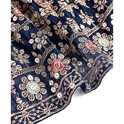 Babyhug Woven Short Puffed Sleeves Floral Embroidered Choli With Lehenga & Dupatta Set - Teal Blue