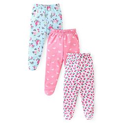 Babyhug Interlock Cotton Knit Bootie Leggings with Floral Print Pack of 3 - Pink & Aqua Blue