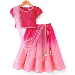 Babyhug Woven Half Sleeves Ombre Choli Lehenga & Dupatta Set with Embellishments - Pink