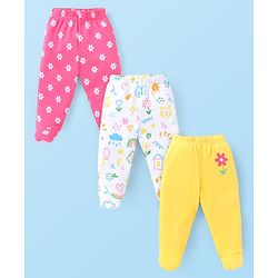 Babyhug Interlock Cotton Knit Bootie Leggings Floral Print Pack of 3 - Pink Yellow & White