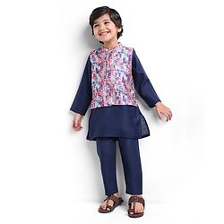 Babyhug Cambric Woven Full Sleeves Kurta Pyjama Set & Geometric Printed  Nehru Jacket  - Navy Blue