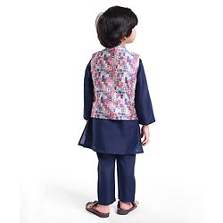 Babyhug Cambric Woven Full Sleeves Kurta Pyjama Set & Geometric Printed  Nehru Jacket  - Navy Blue