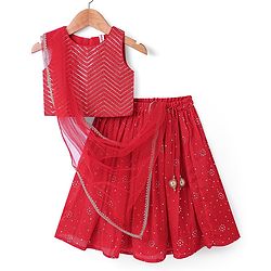 Babyhug Woven Sleeveless Foil Work &  Sequin Embroidered Choli Lehenga Set with Dupatta - Red