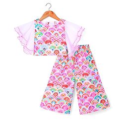 Babyhug Woven Flutter Sleeves Digital Printed Top & Palazzo Set - Pink & White