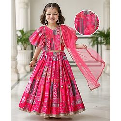Babyhug Woven Flutter Sleeves Digital Printed Choli Lehenga Set with Dupatta & Lace Detailing - Fuschia