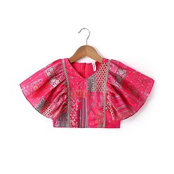 Babyhug Woven Flutter Sleeves Digital Printed Choli Lehenga Set with Dupatta & Lace Detailing - Fuschia