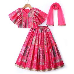 Babyhug Woven Flutter Sleeves Digital Printed Choli Lehenga Set with Dupatta & Lace Detailing - Fuschia