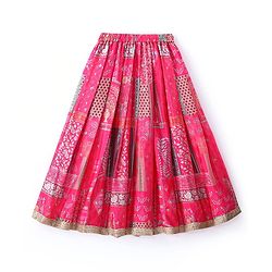 Babyhug Woven Flutter Sleeves Digital Printed Choli Lehenga Set with Dupatta & Lace Detailing - Fuschia