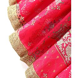 Babyhug Woven Flutter Sleeves Digital Printed Choli Lehenga Set with Dupatta & Lace Detailing - Fuschia