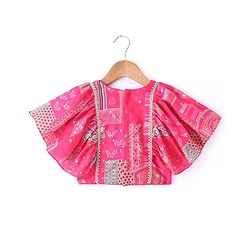 Babyhug Woven Flutter Sleeves Digital Printed Choli Lehenga Set with Dupatta & Lace Detailing - Fuschia